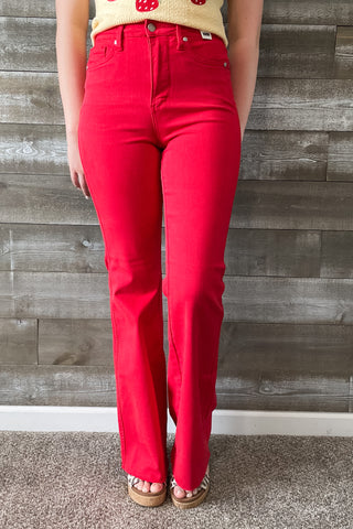 judy blue denim high waist tummy control top garment dyed red flare jeans JB88833REG