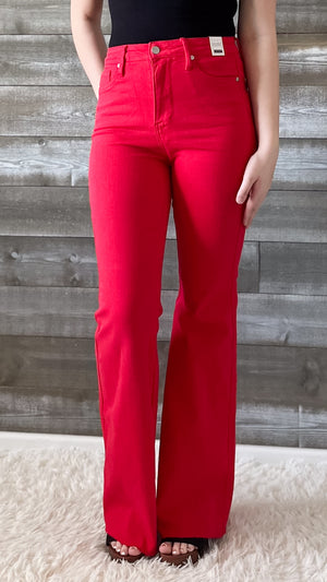 judy blue high waist tummy control top garment dyed denim red flare jeans JB88833REG