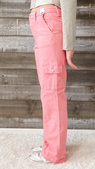 judy blue high waist buble gum pink garment dyed cargo straight leg jeans JB88837REG PK