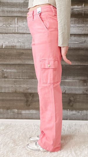 judy blue high waist buble gum pink garment dyed cargo straight leg jeans JB88837REG PK