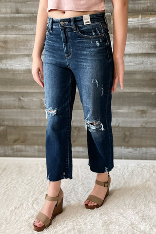 judy blue high rise destroyed knee crop wide leg jeans 82593REG DK