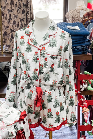 Jess Lea Under the Tree Ruffle Trim Pajama Short Set White with Green Christmas Trees and red piping and red ruffle
