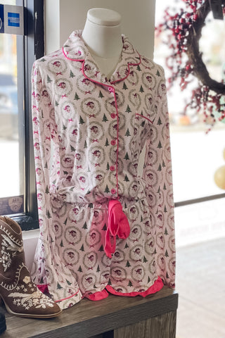 Jess Lea Santa's Favorite Ruffle Holiday Pajama Short Christmas Set Pink Piping, Drawstring and ruffle