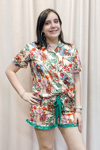 Jess Lea Jungle Oasis Ruffle Pajama Short Set Green Trim Short Sleeve