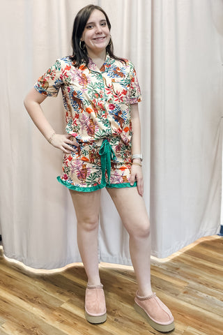 Jess Lea Jungle Oasis Ruffle Pajama Short Set Green Trim Short Sleeve