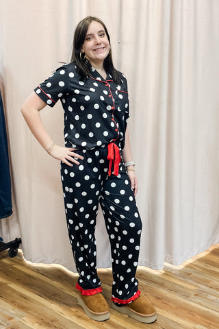 Jess Lea Dotty Darling Black with White Polka Dot Red Trim and Hem Ruffle Short Sleeve and Pant Pajama Set
