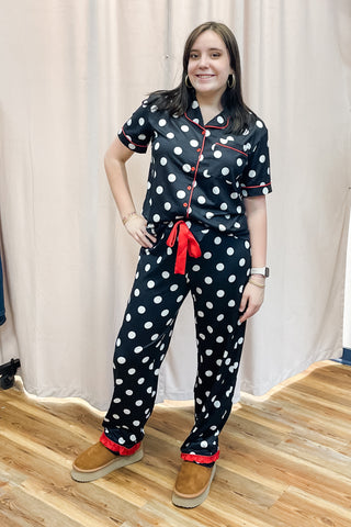 Jess Lea Dotty Darling Black with White Polka Dot Red Trim and Hem Ruffle Short Sleeve and Pant Pajama Set