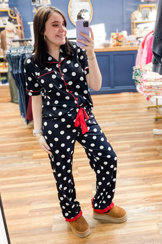 Jess Lea Dotty Darling Black with White Polka Dot Red Trim and Hem Ruffle Short Sleeve and Pant Pajama Set