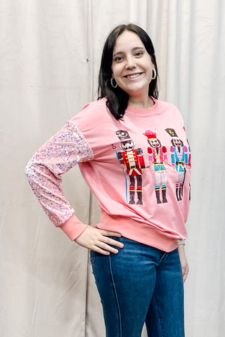 Jess Lea Season To Sparkle Pink Holiday Sweatshirt with Nutcrackers sequin sleeves