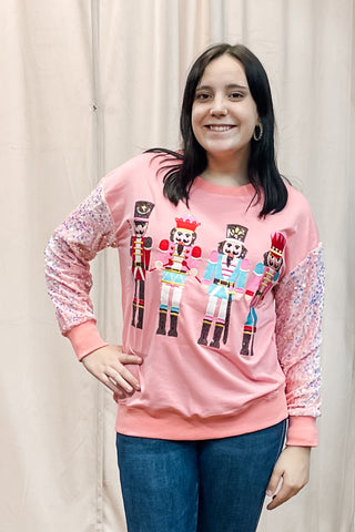 Jess Lea Season To Sparkle Pink Holiday Sweatshirt with Nutcrackers sequin sleeves
