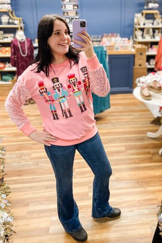 Jess Lea Season To Sparkle Pink Holiday Sweatshirt with Nutcrackers sequin sleeves