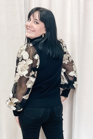 Jodifl black knit ribbed sweater with mesh floral design puff sleeves H40458