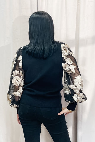Jodifl black knit ribbed sweater with mesh floral design puff sleeves H40458