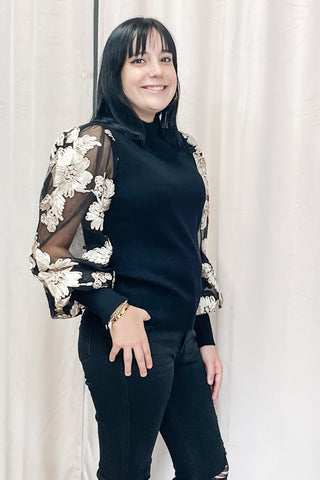 Jodifl black knit ribbed sweater with mesh floral design puff sleeves H40458