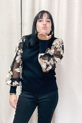 Jodifl black knit ribbed sweater with mesh floral design puff sleeves H40458