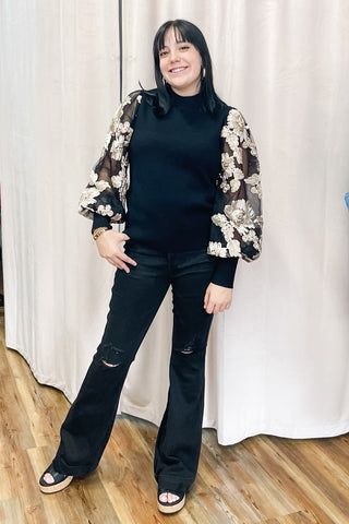 Jodifl black knit ribbed sweater with mesh floral design puff sleeves H40458