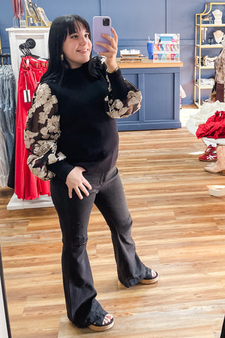 Jodifl black knit ribbed sweater with mesh floral design puff sleeves H40458