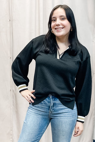 jodifl-black-textured-long-puff-sleeves-contrast-rib-band-binding-h50052