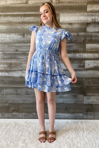 jodifl royal blue and white mini dress ruffled skirt smocked waist G11525