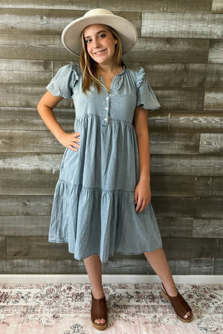 jodifl denim short peasant sleeve midi dress frilled shoulders B10006