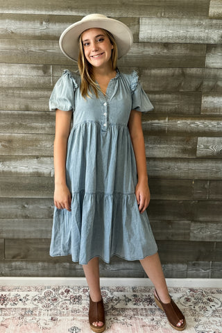 jodifl denim short peasant sleeve midi dress frilled shoulders B10006