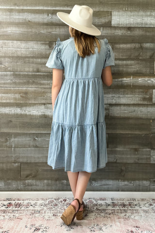 jodifl denim short peasant sleeve midi dress frilled shoulders B10006