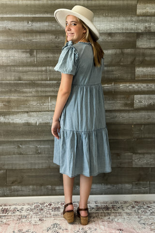 jodifl denim short peasant sleeve midi dress frilled shoulders B10006