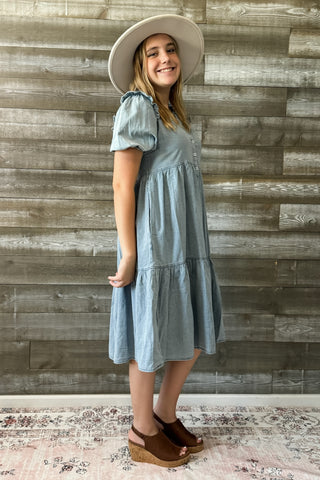 jodifl denim short peasant sleeve midi dress frilled shoulders B10006