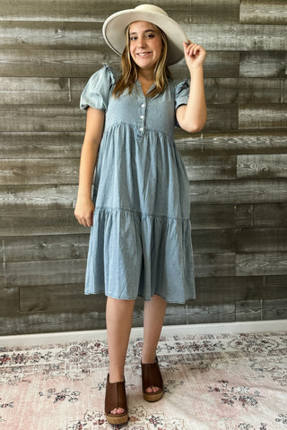 jodifl denim short peasant sleeve midi dress frilled shoulders B10006