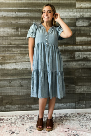 jodifl denim short peasant sleeve midi dress frilled shoulders B10006