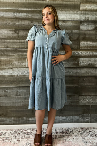 jodifl denim short peasant sleeve midi dress frilled shoulders B10006