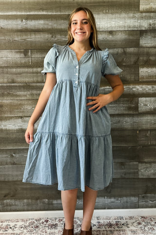 jodifl denim short peasant sleeve midi dress frilled shoulders B10006