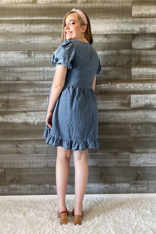 jodifl washed denim chambray babydoll dress vneck and puffed sleeves G11208