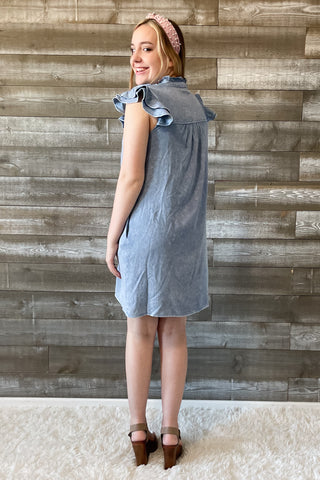 jodifl denim chambray mini dress with frilled yoke and neck B10789