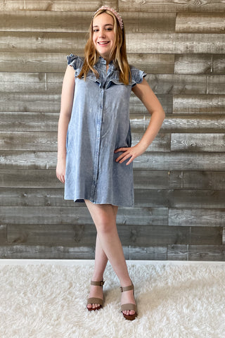 jodifl denim chambray mini dress with frilled yoke and neck B10789