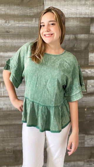 jodifl green babydoll washed peplum top with butterfly sleeves B10167