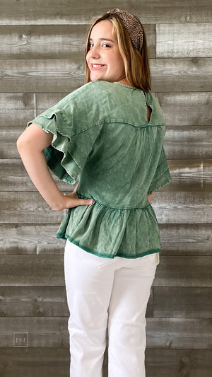 jodifl green babydoll washed peplum top with butterfly sleeves B10167