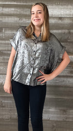 jodifl black metallic shimmery short sleeve button up blouse G8384-11