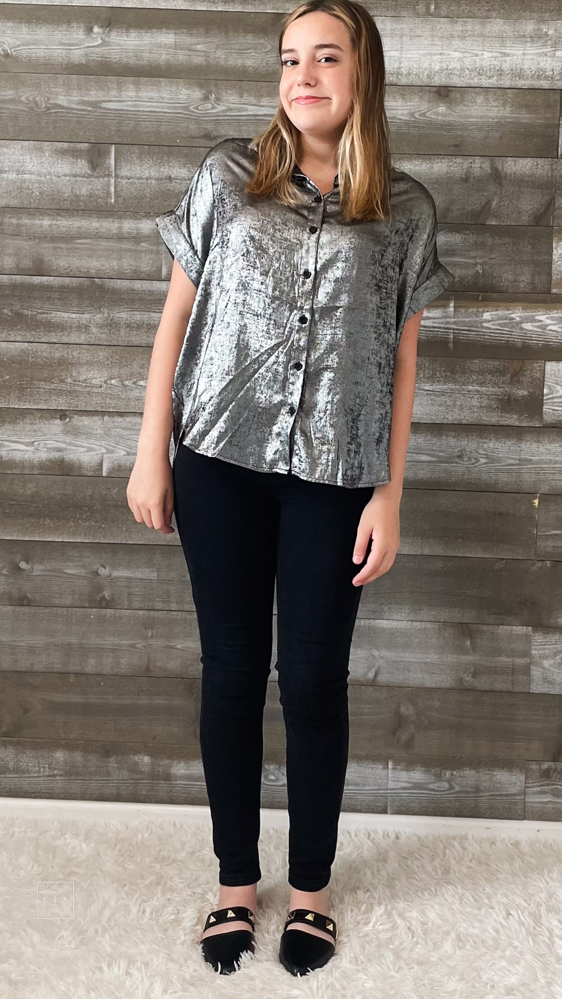 jodifl black metallic shimmery short sleeve button up blouse G8384-11