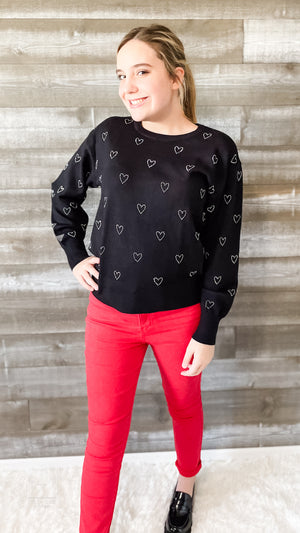 jodifl black sweater with rhinestone hearts G10800 black