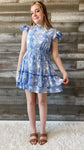 jodifl royal blue and white mini dress ruffled skirt smocked waist G11525