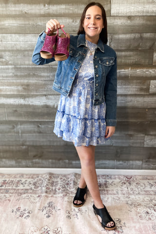 jodifl royal blue and white mini dress ruffled skirt smocked waist styled with Judy Blue denim jacket G11525