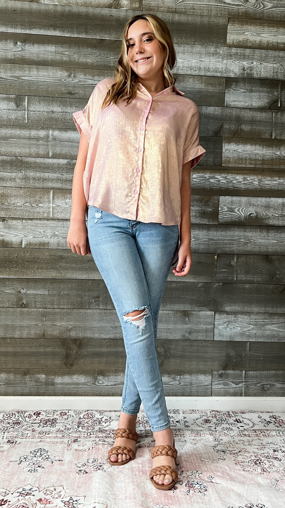 jodifl pink iridescent shimmery short sleeve button up blouse G8384-11