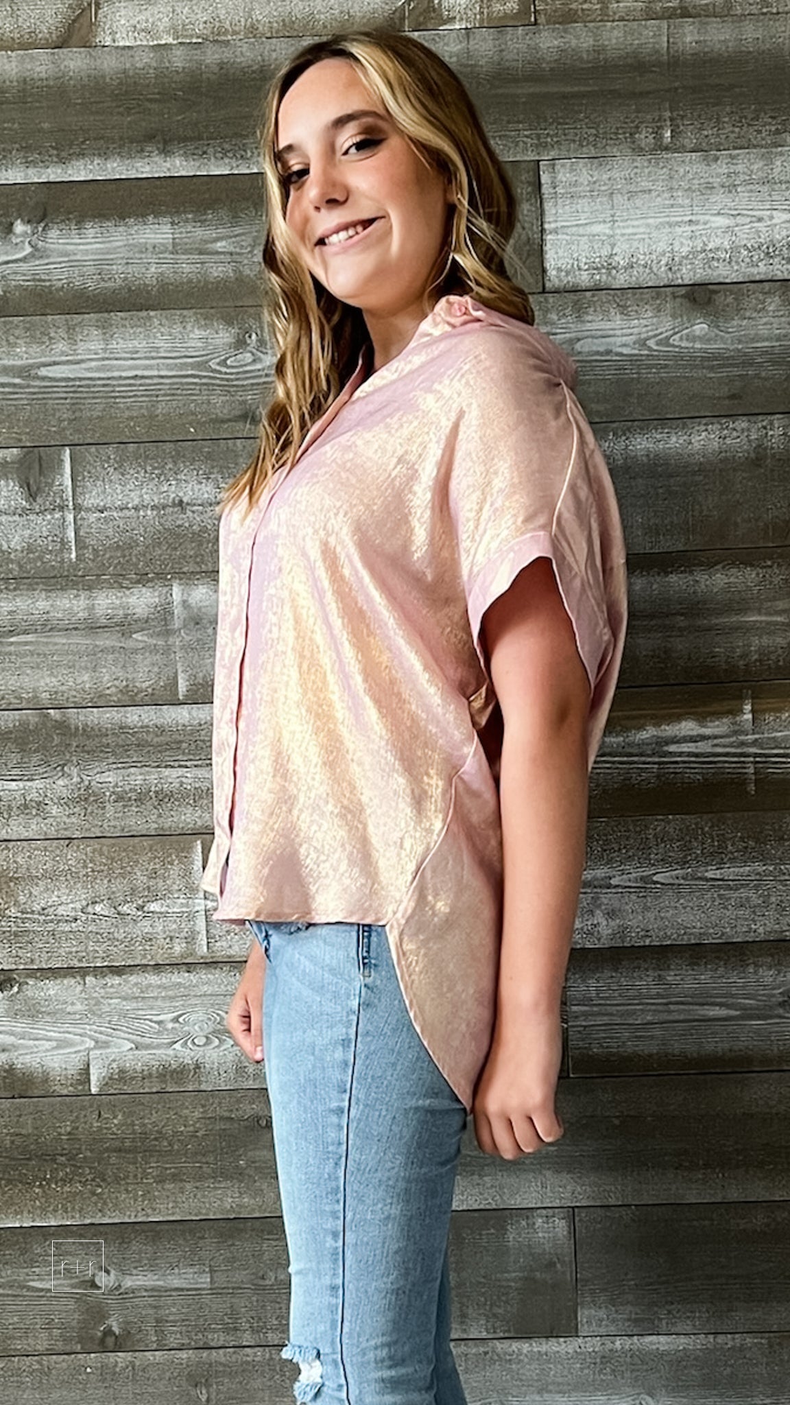 jodifl pink iridescent shimmery short sleeve button up blouse G8384-11