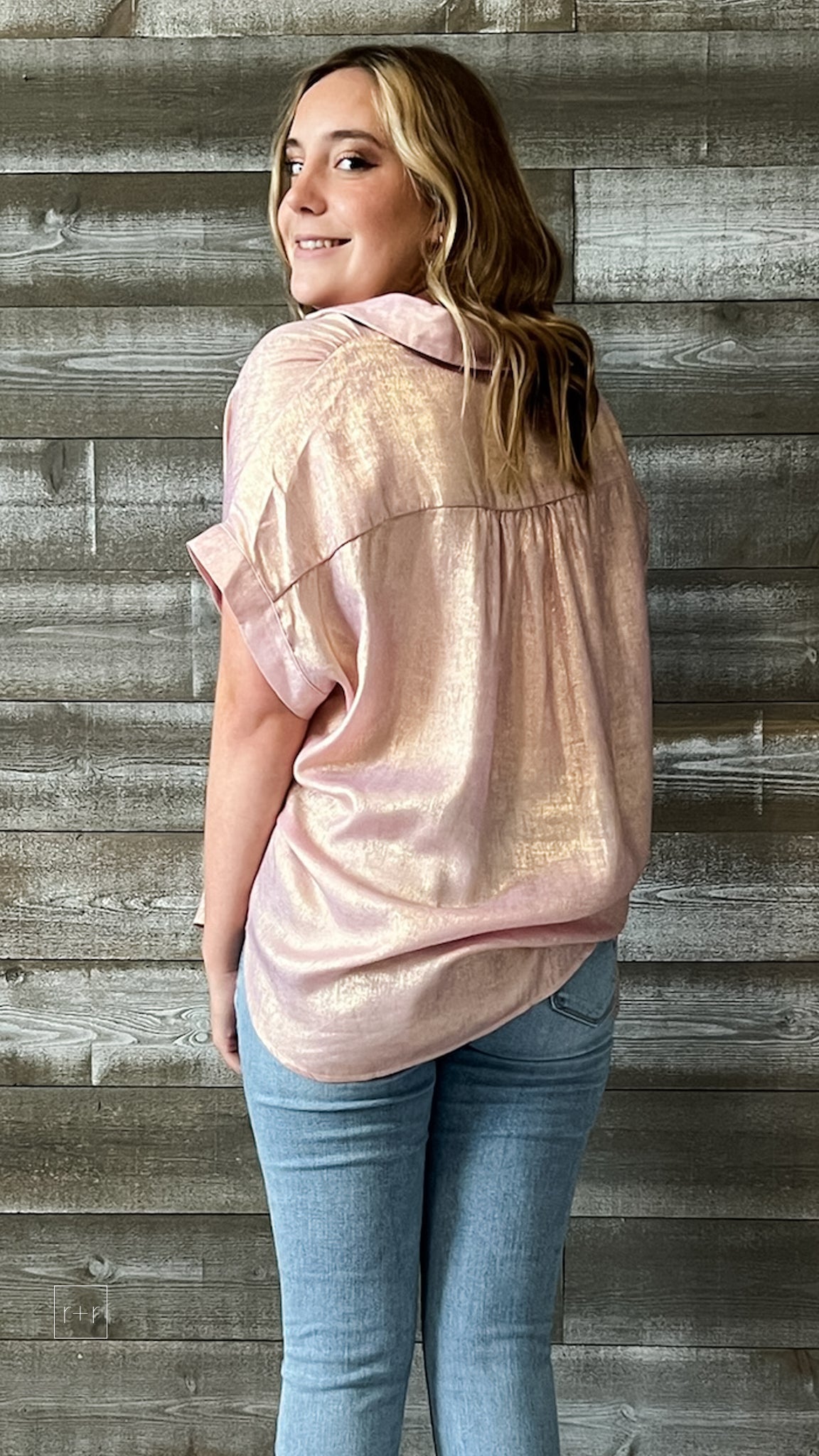 jodifl pink iridescent shimmery short sleeve button up blouse G8384-11