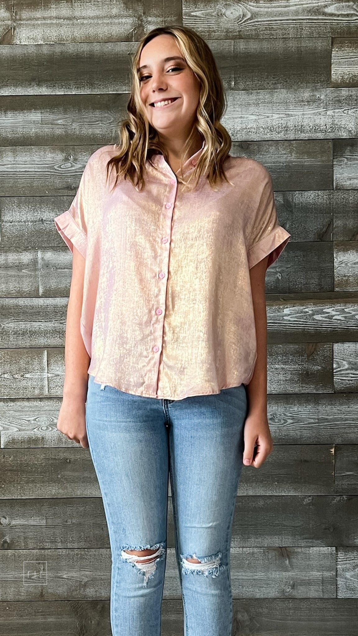 jodifl pink iridescent shimmery short sleeve button up blouse G8384-11