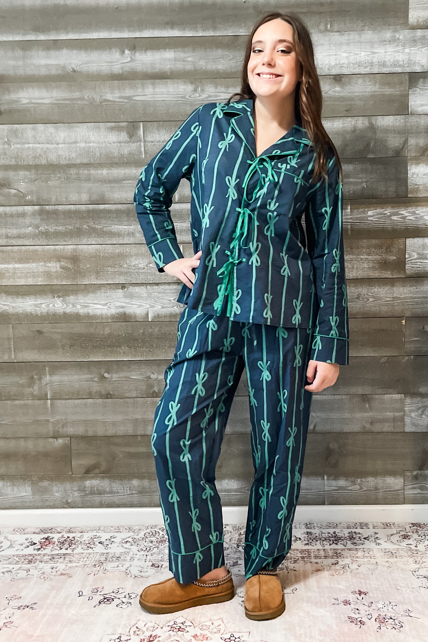 jodifl cotton bow print pajama set for women G13878 navy