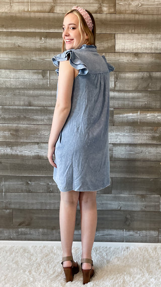 jodifl denim chambray mini dress with frilled yoke and neck B10789