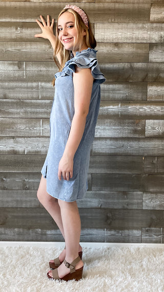 jodifl denim chambray mini dress with frilled yoke and neck B10789