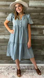 jodifl denim short peasant sleeve midi dress frilled shoulders B10006